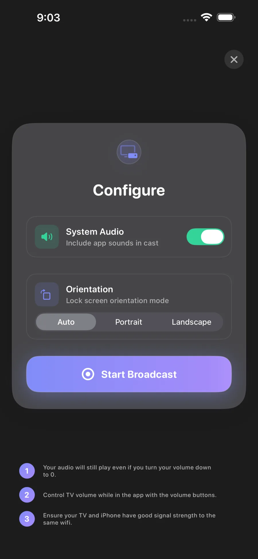 Screen Mirroring for Chromecast: Broadcast setup